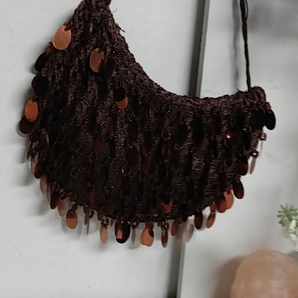 Evening Satchel Large Bronze Brown Coin Sequin Bag - Picture 1 of 9